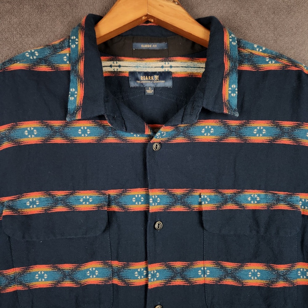 Roark Cassidy Jacquard Shirt Mens Large Navy Blue Southwestern Geometric RW549